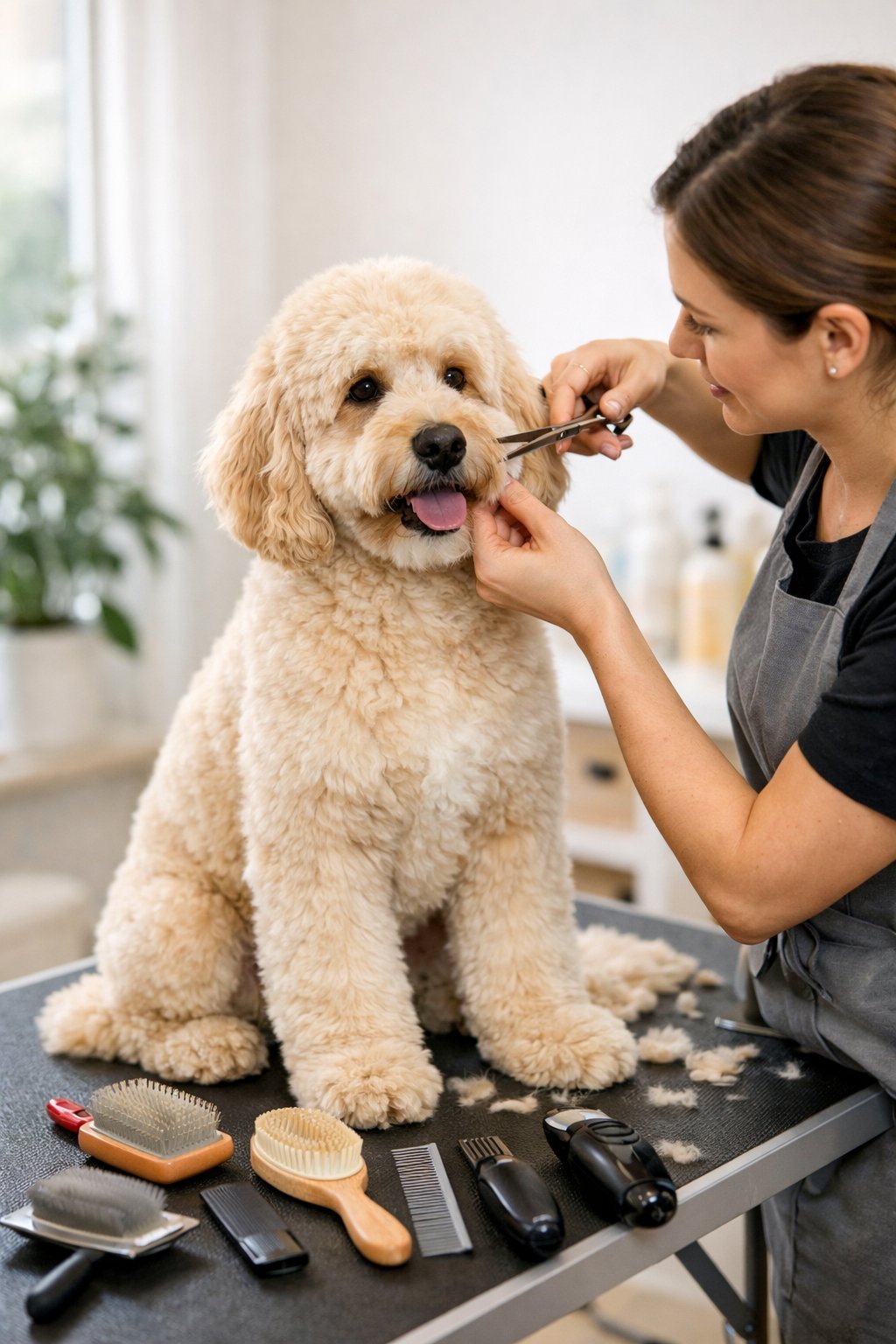 Doodle Haircut Dog Grooming: Essential Tips for Keeping Your Pup Looking Fresh A groomer carefully trimming a doodle dog's curly fur on a grooming table in a bright salon.