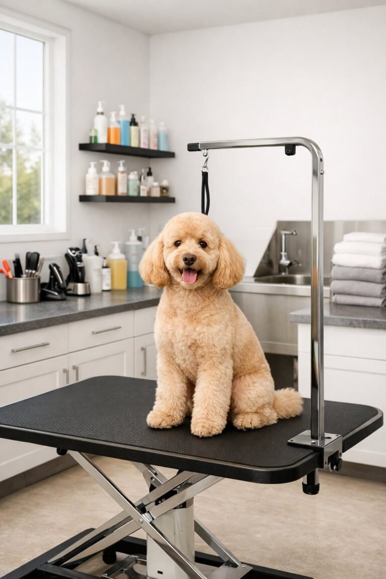 A bright and clean dog grooming room with a grooming table, tools, and a well-groomed dog.