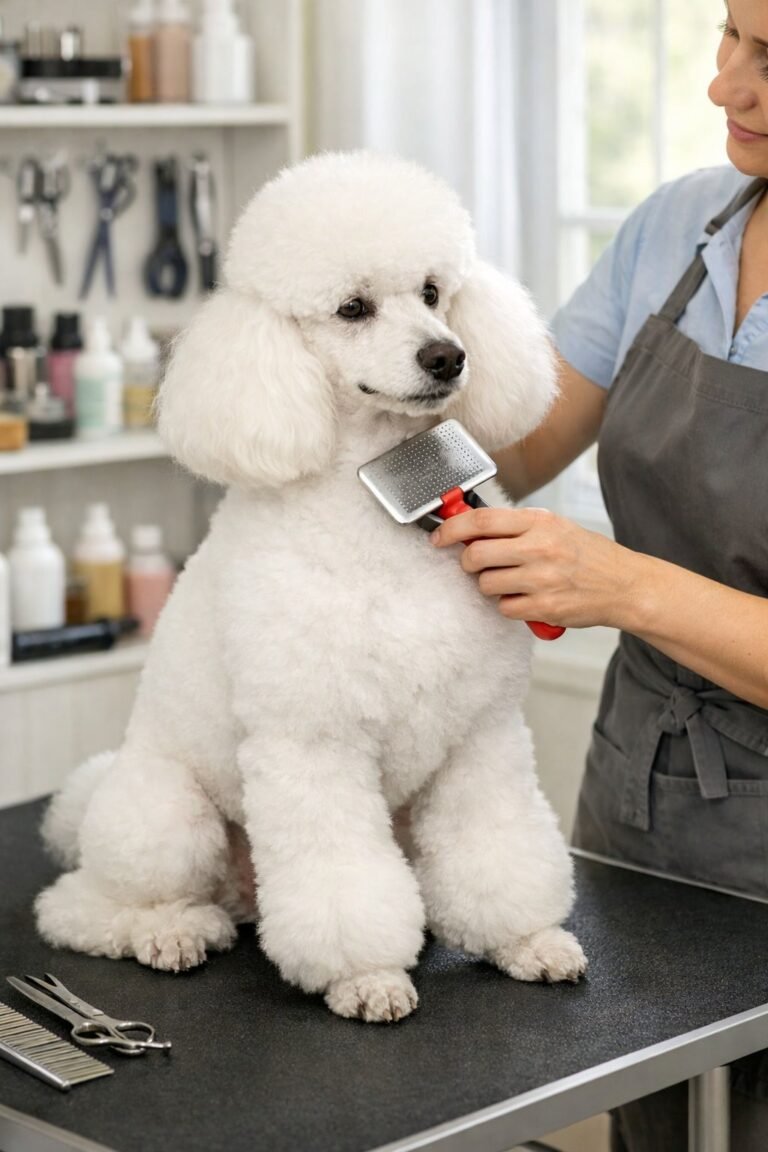 A white poodle dog sitting on a grooming table while a groomer brushes its fur in a pet grooming salon.
