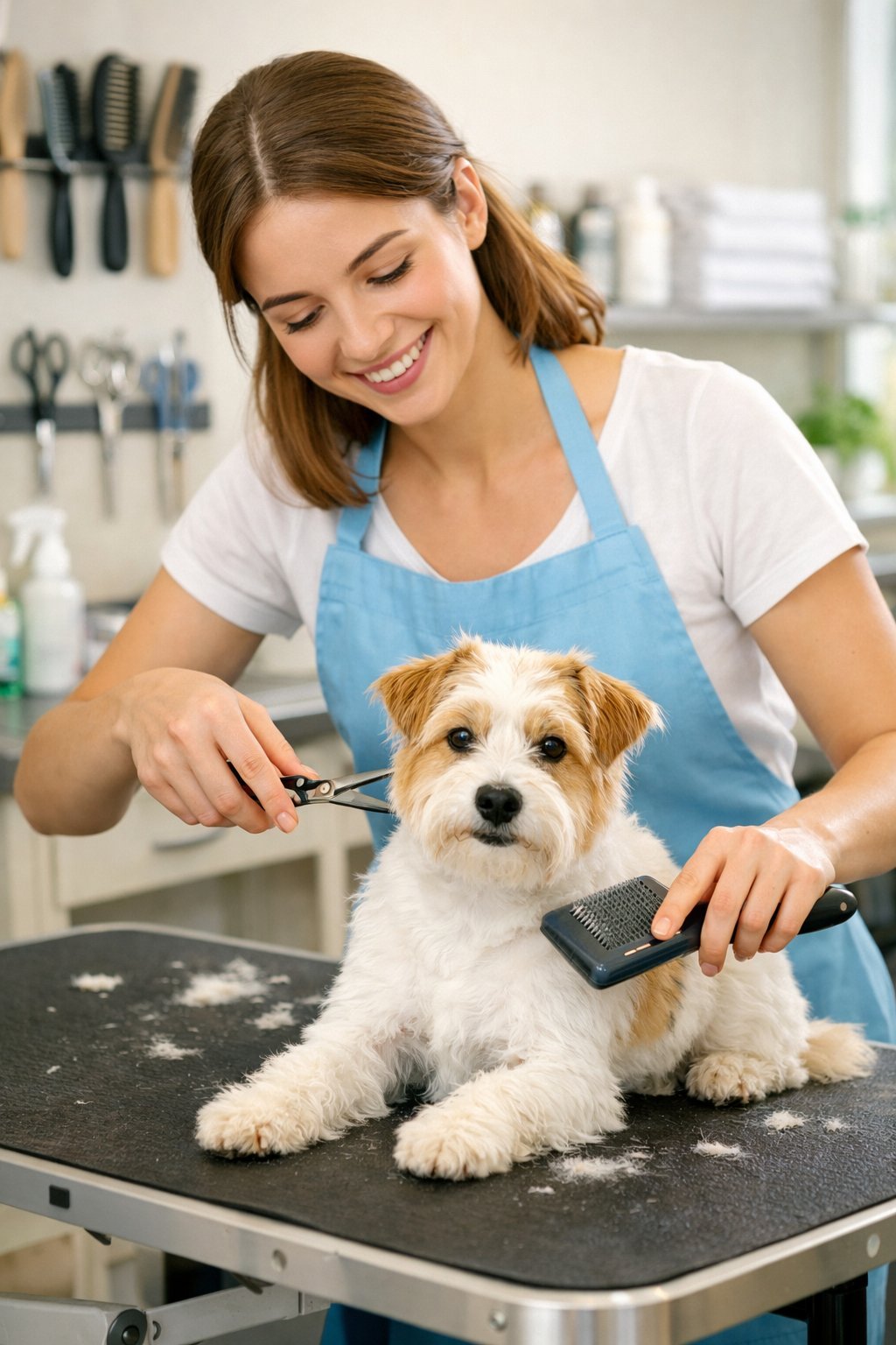 A young woman grooming a small dog on a table in a clean pet grooming salon.