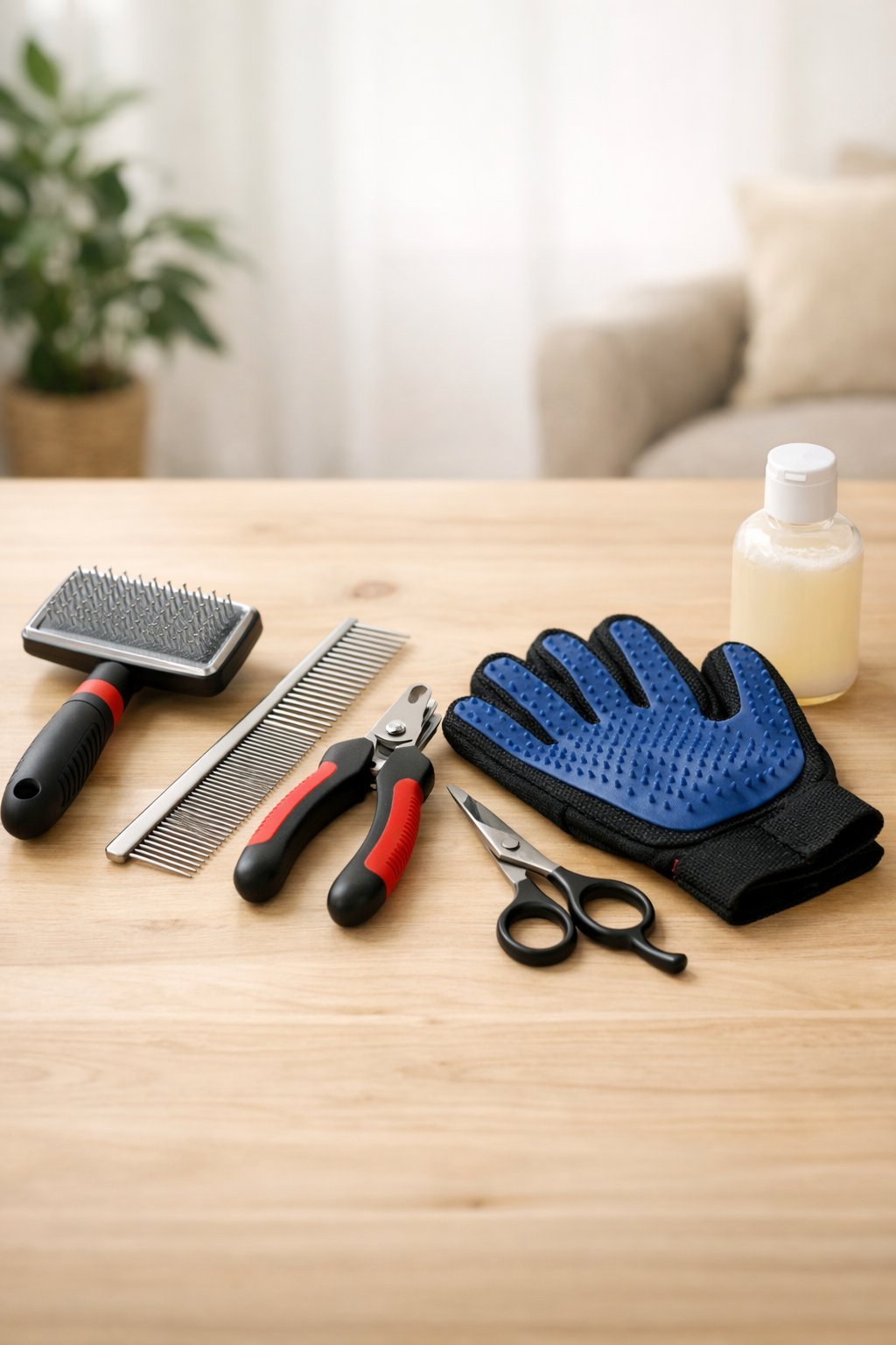 A set of dog grooming tools including a brush, comb, nail clippers, scissors, gloves, and shampoo bottle arranged on a wooden surface.