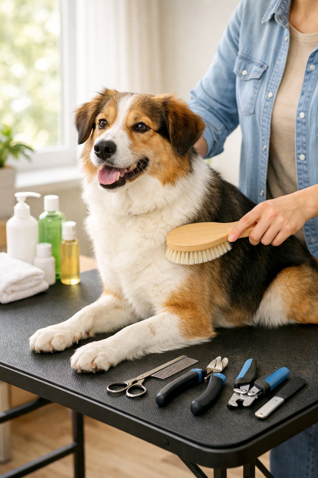 A person brushing a calm dog on a grooming table with grooming tools nearby in a bright room.