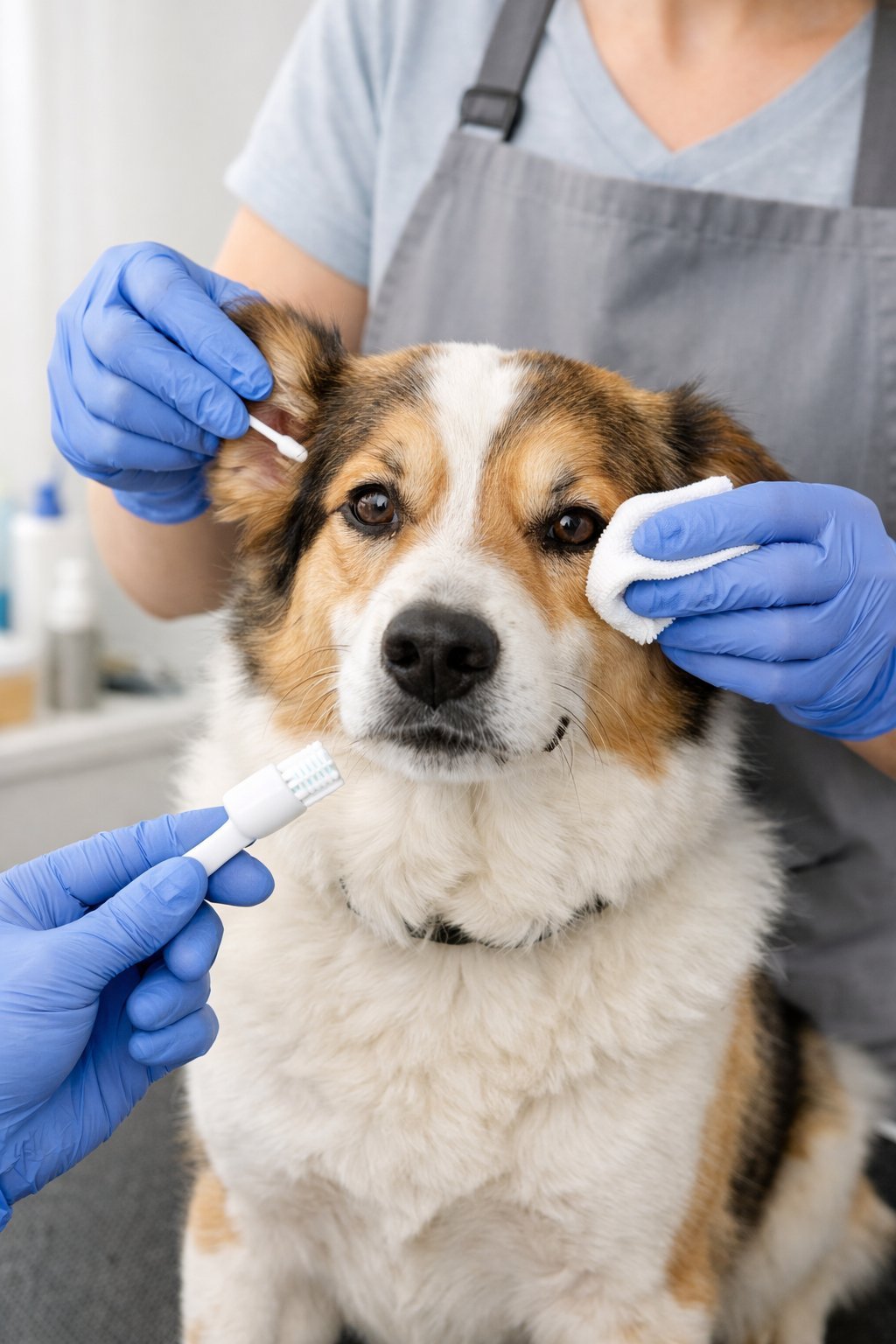 A person gently cleaning a dog