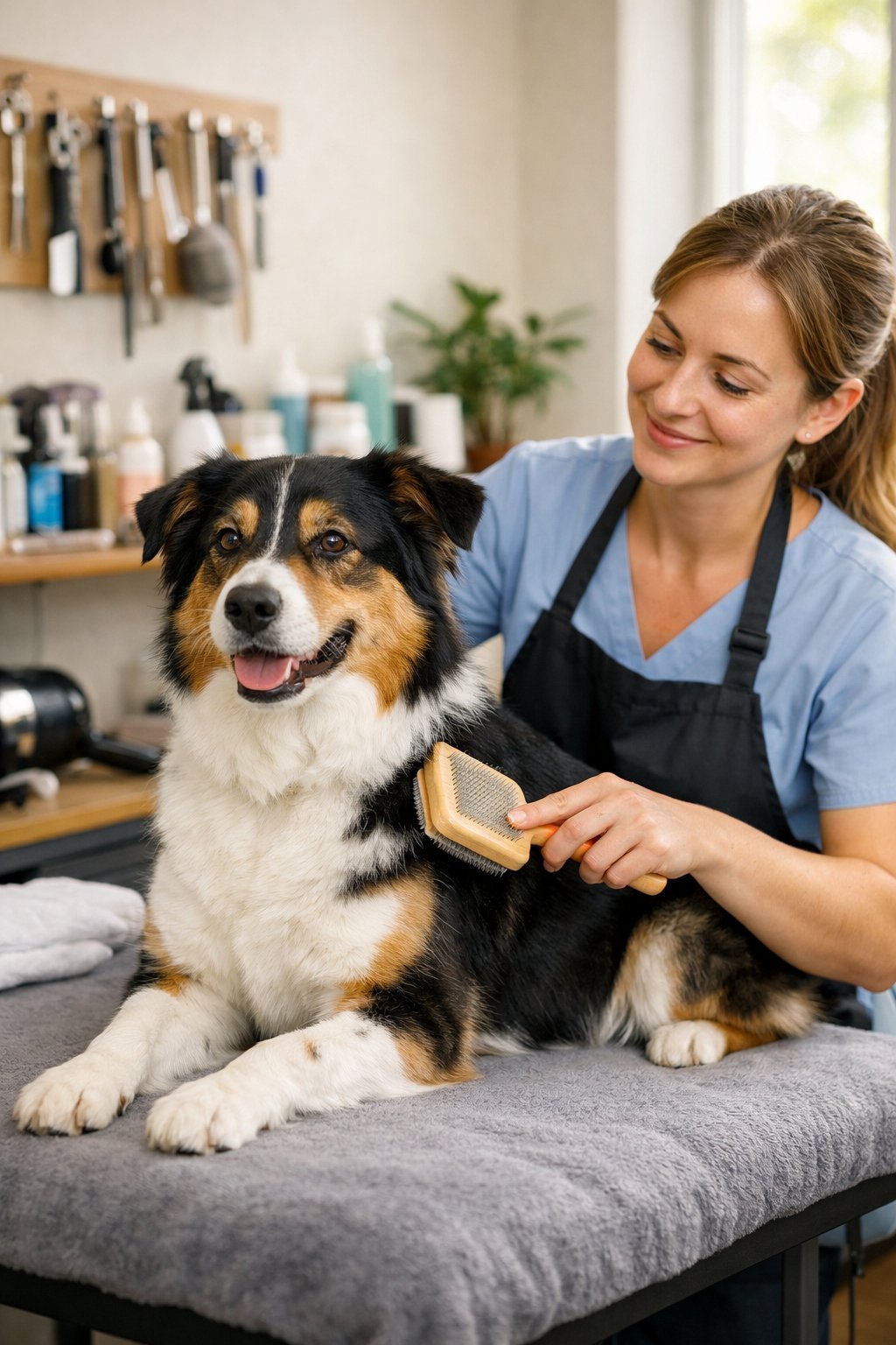 A calm dog sitting on a grooming table while a groomer gently brushes its fur in a bright grooming salon.