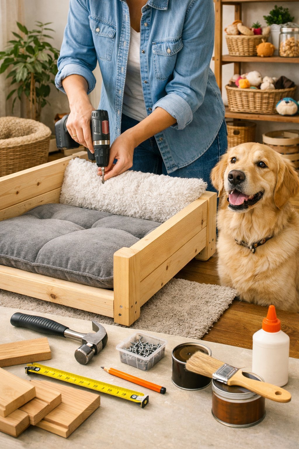 Person building a DIY dog bed with tools while a dog watches in a cozy living room.