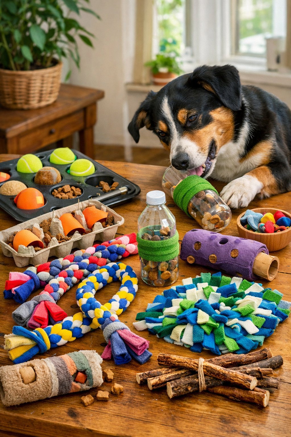 A dog playing with homemade toys on a wooden table filled with colorful DIY dog enrichment items.
