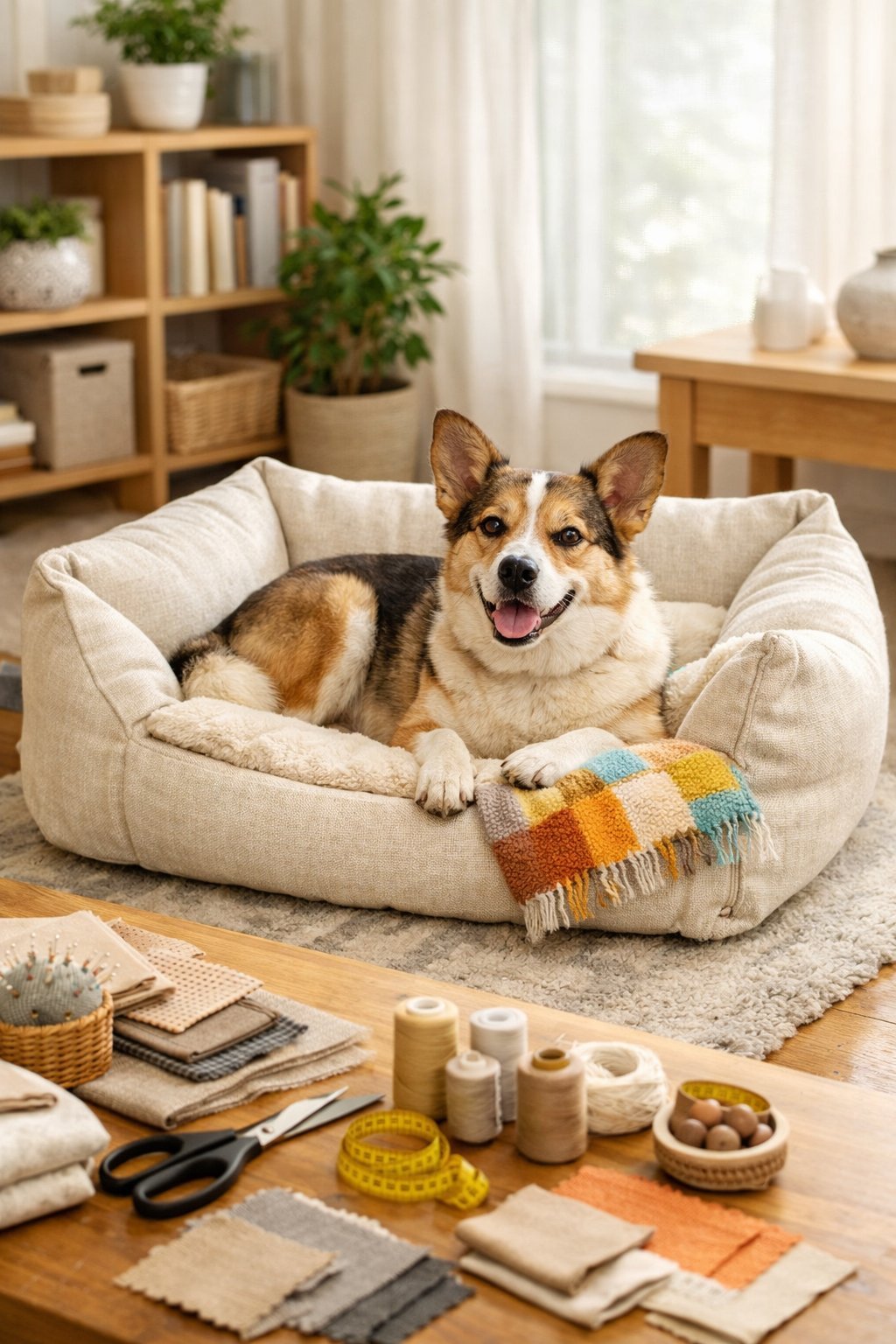 A medium-sized dog resting comfortably on a handmade dog bed in a bright living room with crafting materials nearby.DIY Dog Stuff