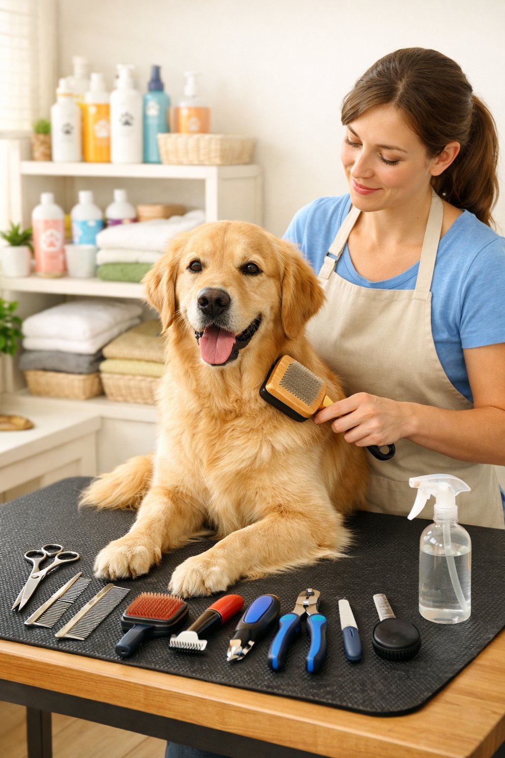 A person grooming a calm dog on a table with grooming tools and supplies arranged nearby in a well-lit room.diy dog stuff