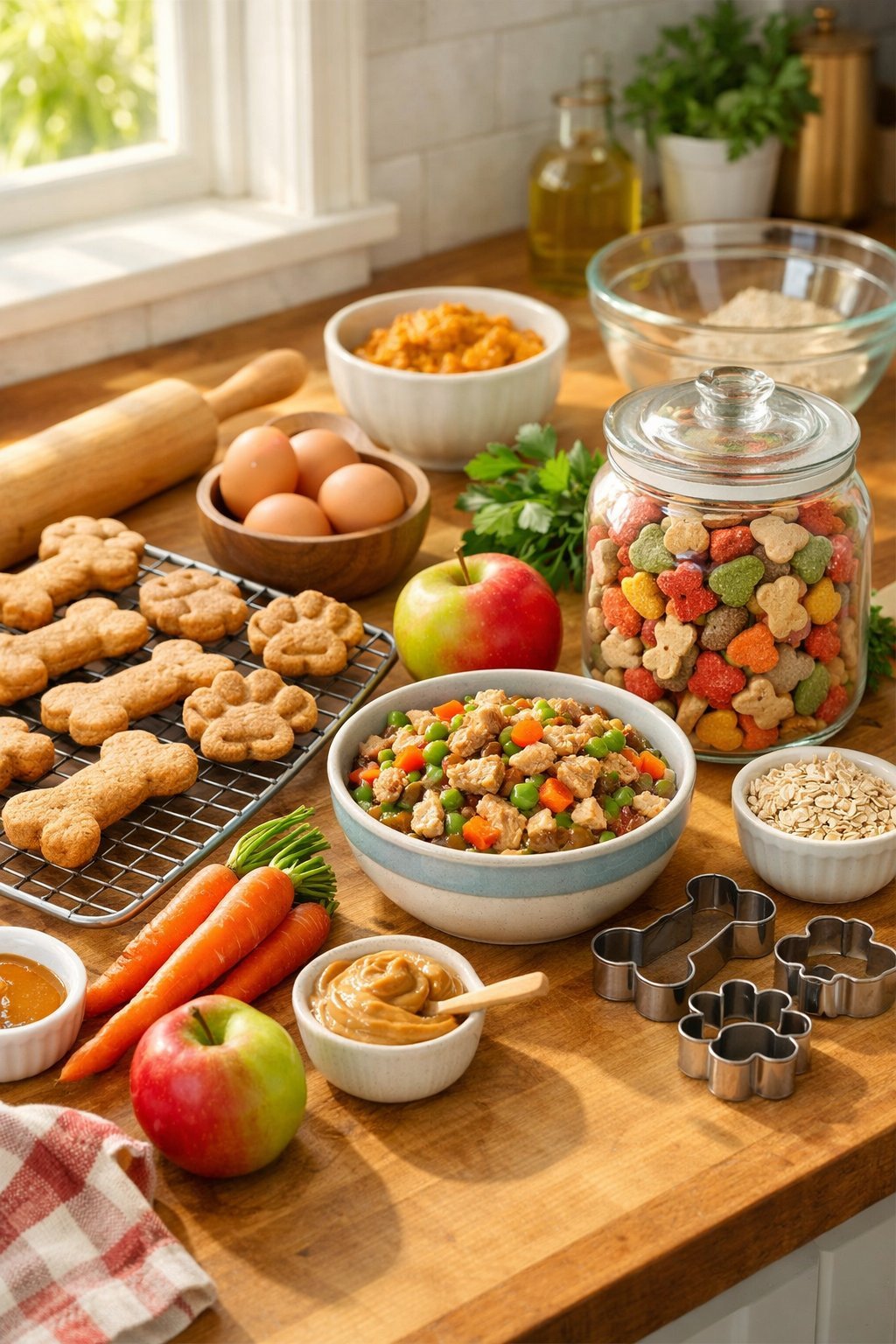 A kitchen countertop displaying homemade dog treats, a bowl of dog food, fresh ingredients, and kitchen tools in a bright setting.
