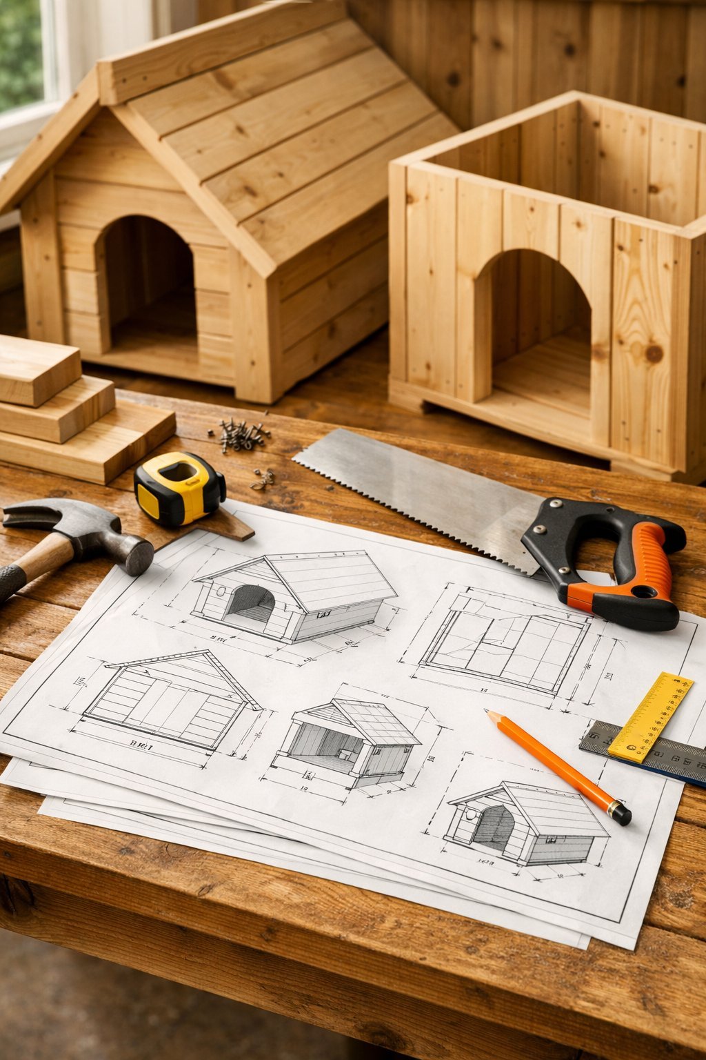 A workbench with dog house blueprints, woodworking tools, and partially assembled wooden panels for building a dog house.