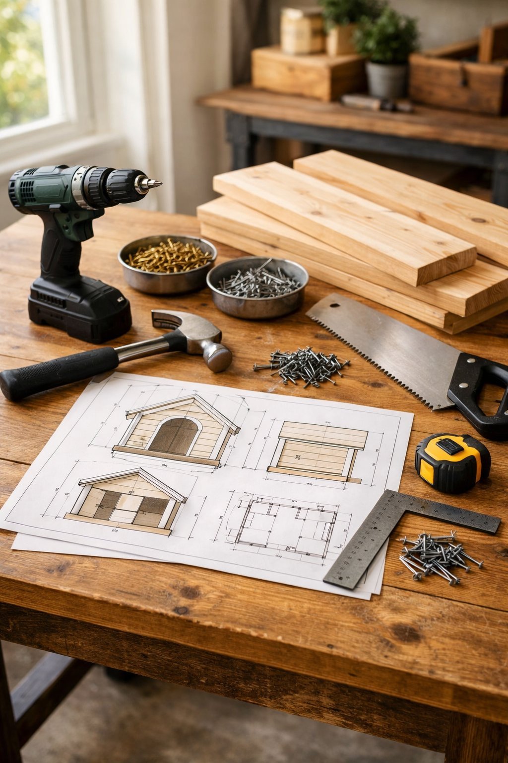 A workspace with tools and materials laid out for building a dog house, including wood, a drill, hammer, measuring tape, and blueprints.