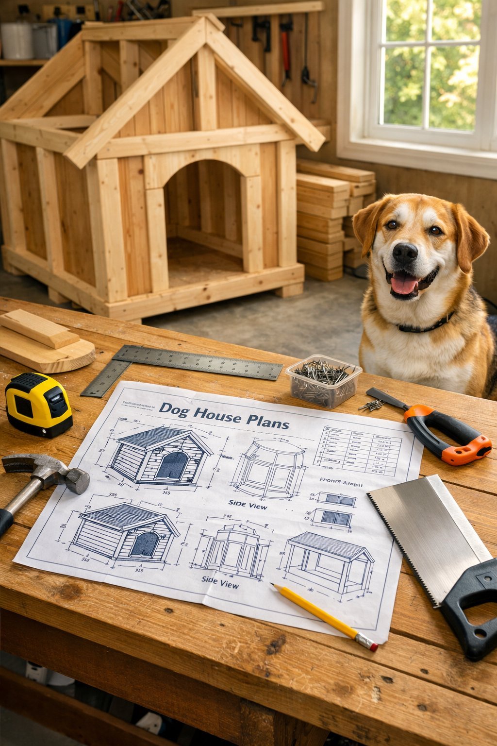 A woodworking workspace with dog house plans, tools, and a partially built dog house, with a dog sitting nearby.