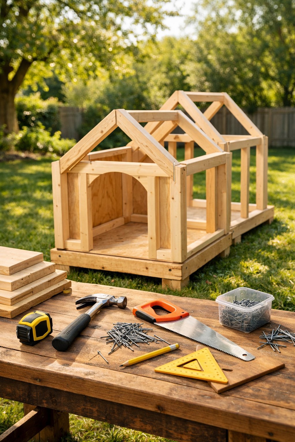 A partially built wooden dog house on a workbench surrounded by tools and materials in a sunny backyard.