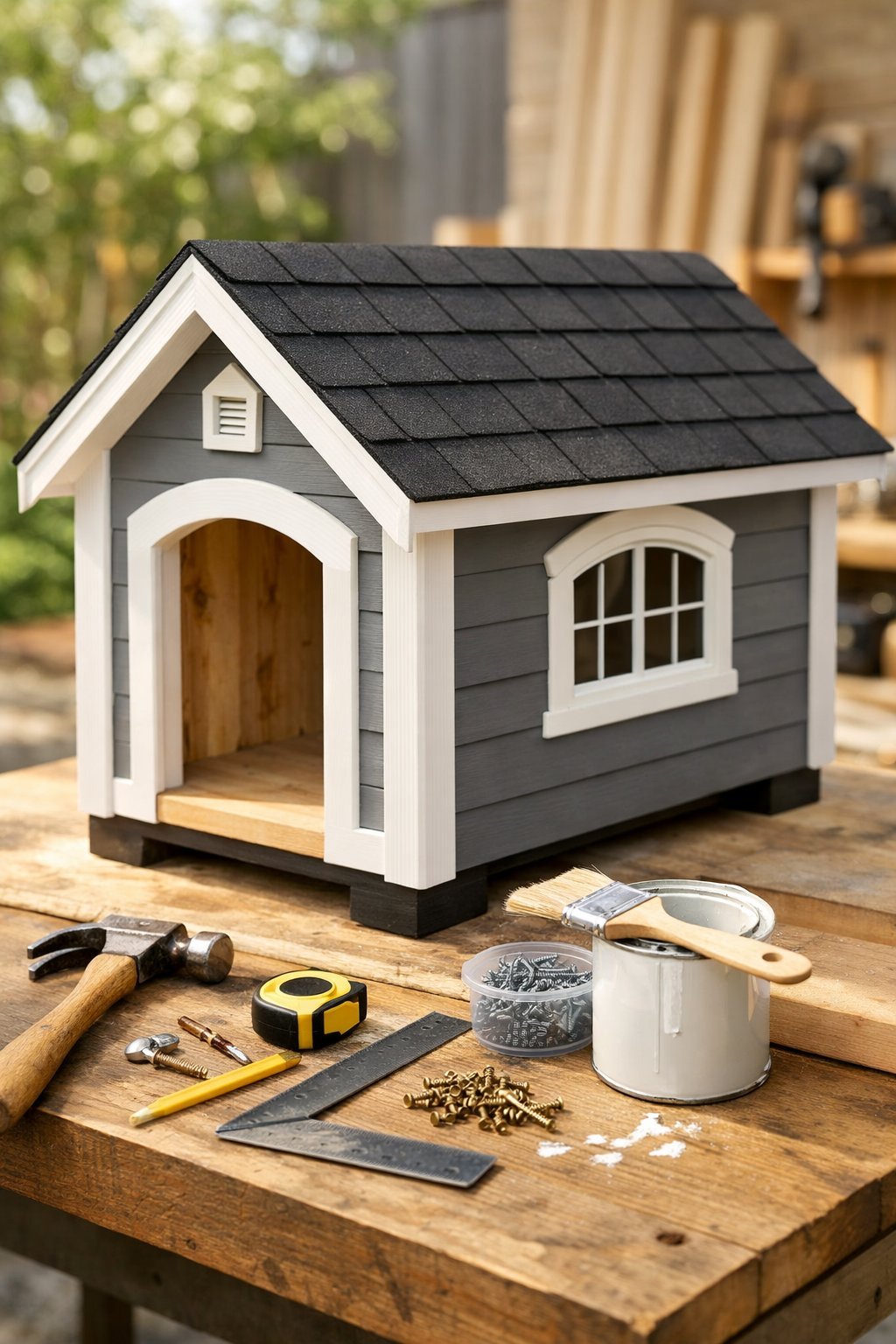 Partially assembled wooden dog house with custom features and woodworking tools on a workbench in a bright workshop.