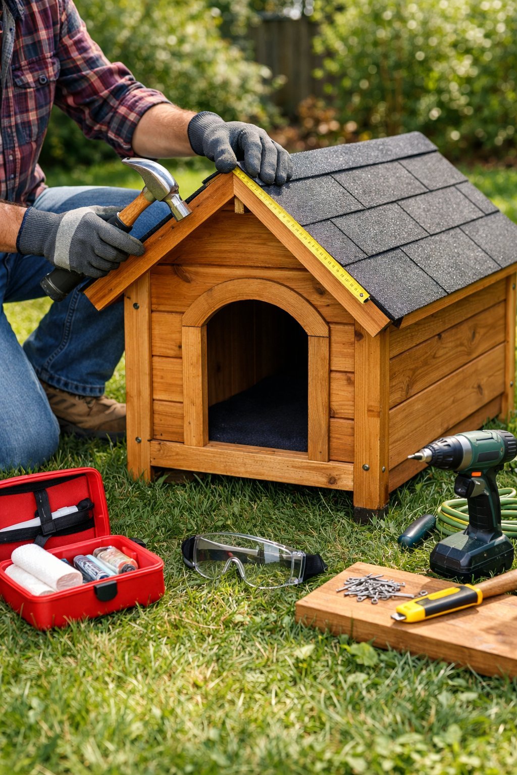 A person performing maintenance on a wooden dog house outdoors with tools and safety equipment nearby.