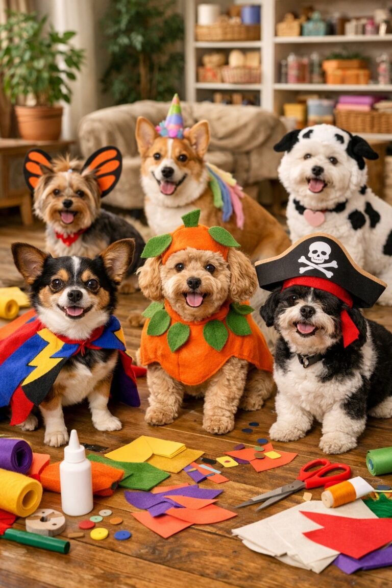 Several dogs wearing colorful homemade costumes sitting on a wooden floor surrounded by craft supplies in a cozy living room.