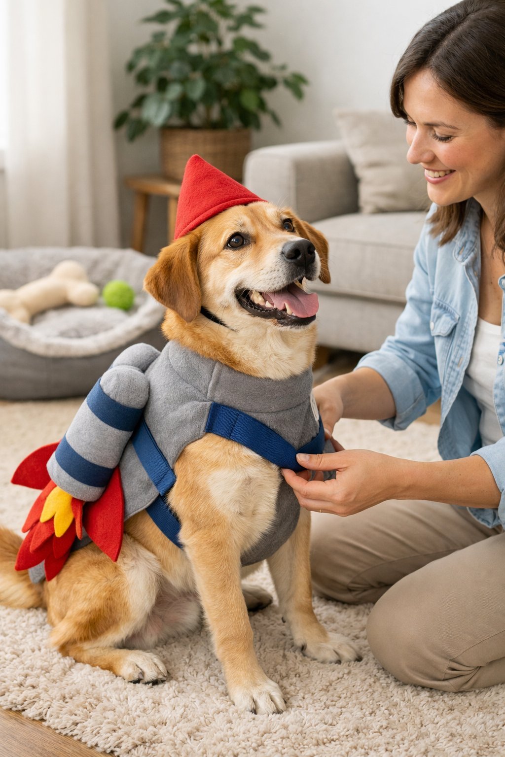 A dog wearing a comfortable homemade costume while a person adjusts it in a cozy living room.