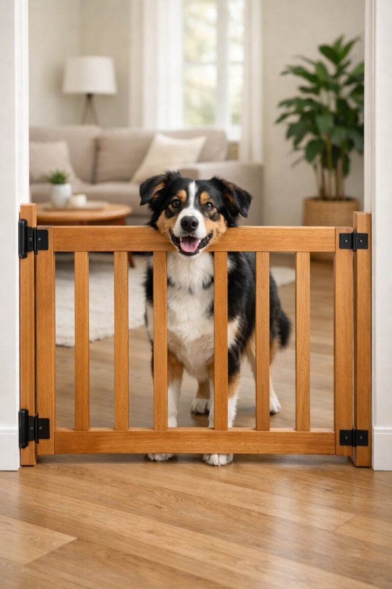 A wooden dog gate installed in a doorway with a medium-sized dog standing behind it inside a bright living room.