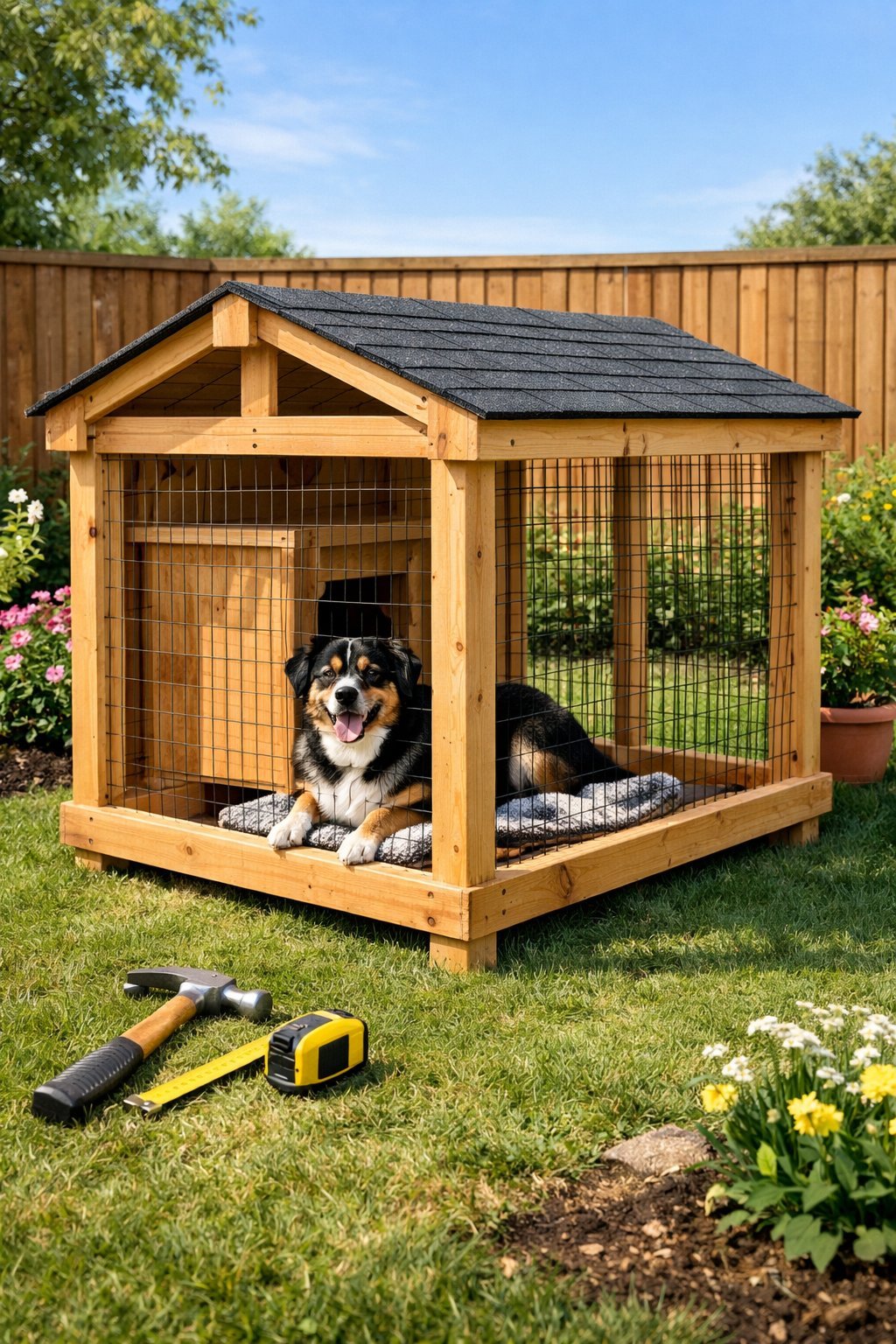 A wooden DIY dog kennel outdoors with a dog lying inside, surrounded by grass and garden tools.