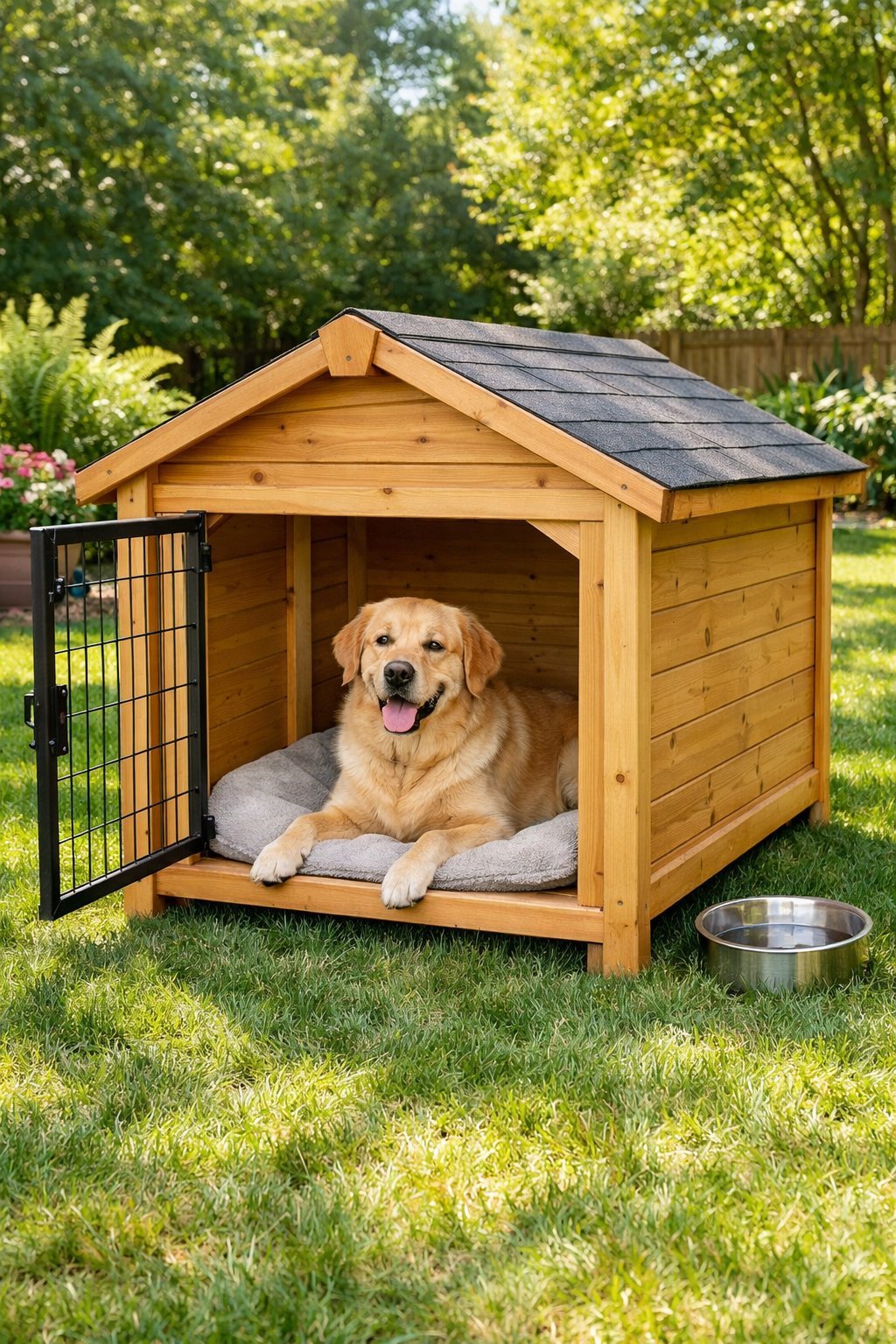 A medium-sized dog sitting inside a wooden dog kennel in a sunny backyard with green grass and plants.