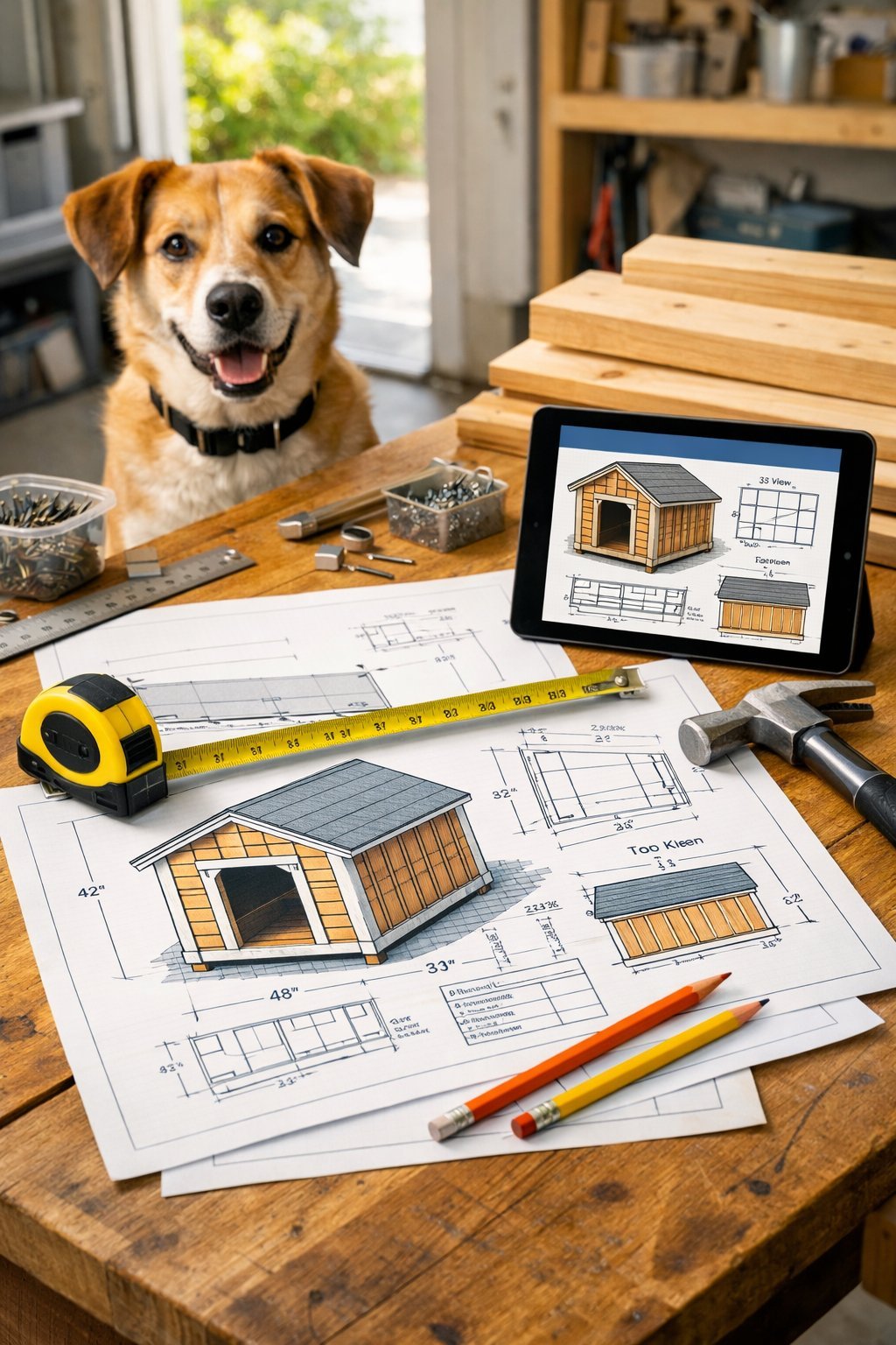 A workspace with dog kennel blueprints, tools, wood materials, and a dog watching nearby.