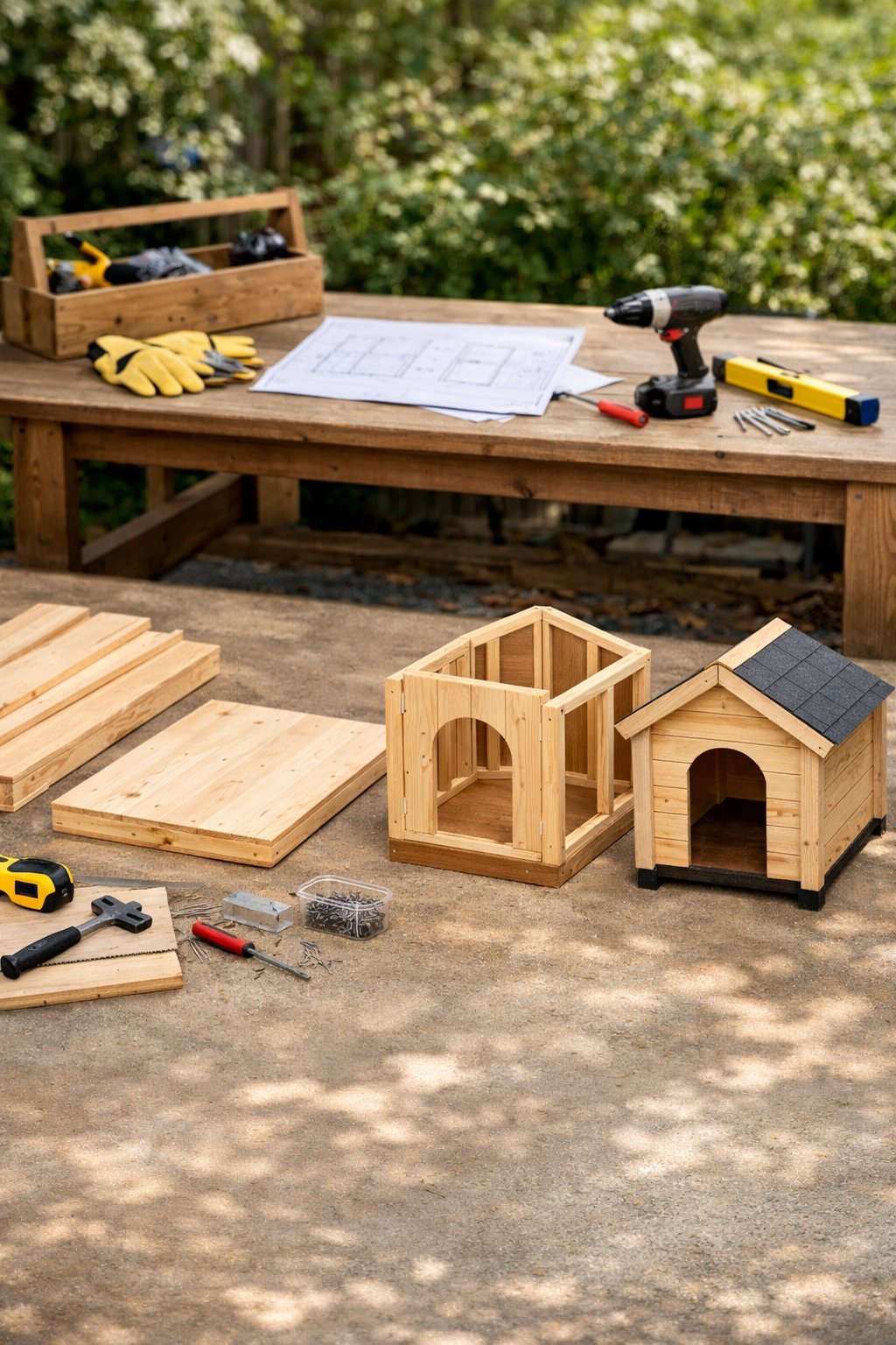 A step-by-step construction scene showing the building of a wooden dog kennel with tools and materials in a workshop.