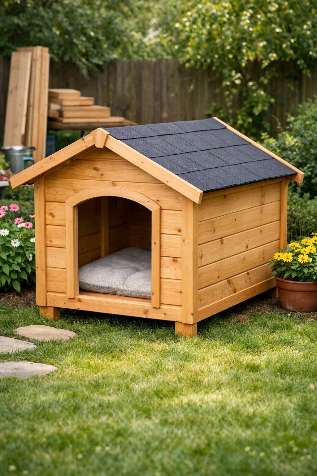 A wooden DIY dog kennel in a backyard with soft bedding inside, surrounded by grass and plants.