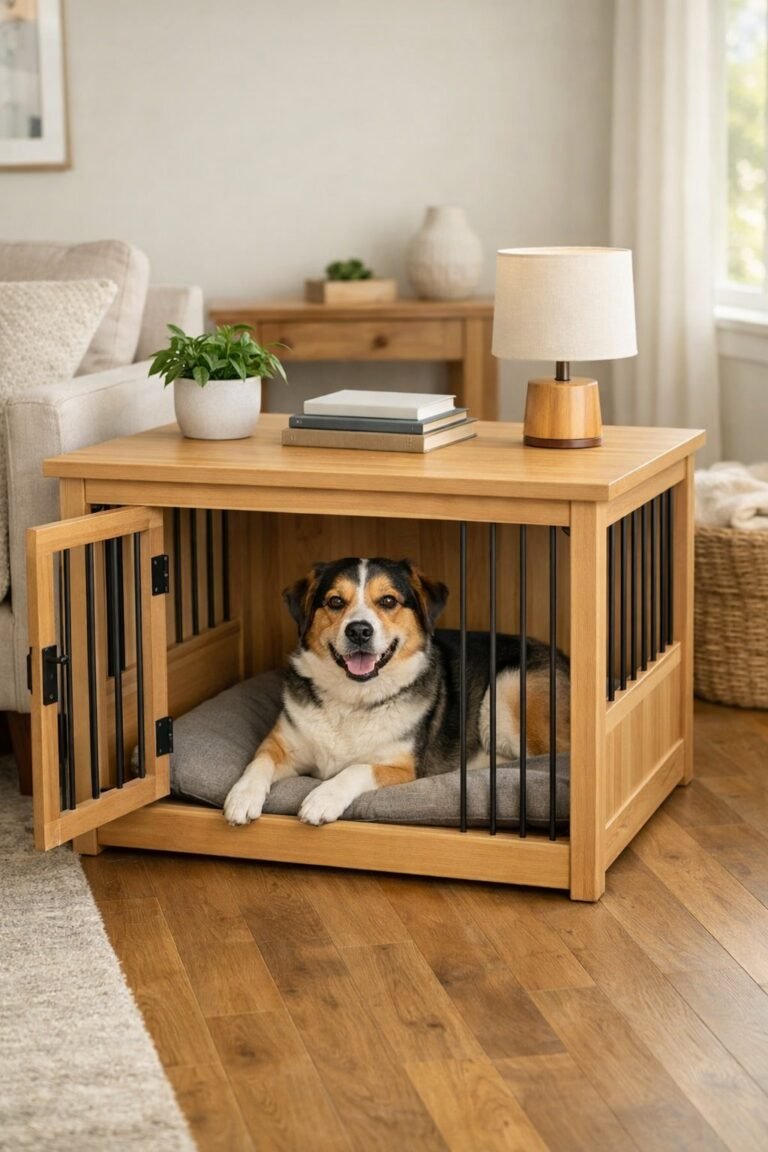 A medium-sized dog resting inside a wooden dog crate furniture piece in a bright living room with a plant and lamp on top.