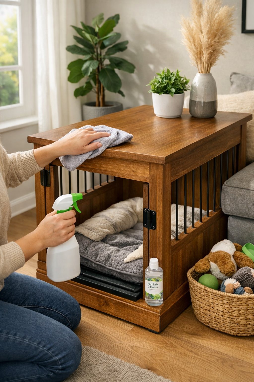 A person cleaning a wooden DIY dog crate furniture piece in a bright living room.