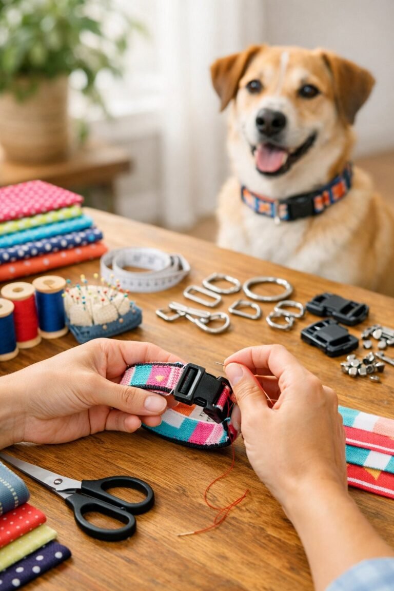 Hands assembling a DIY dog collar on a wooden table with crafting materials and a dog wearing a collar in the background.
