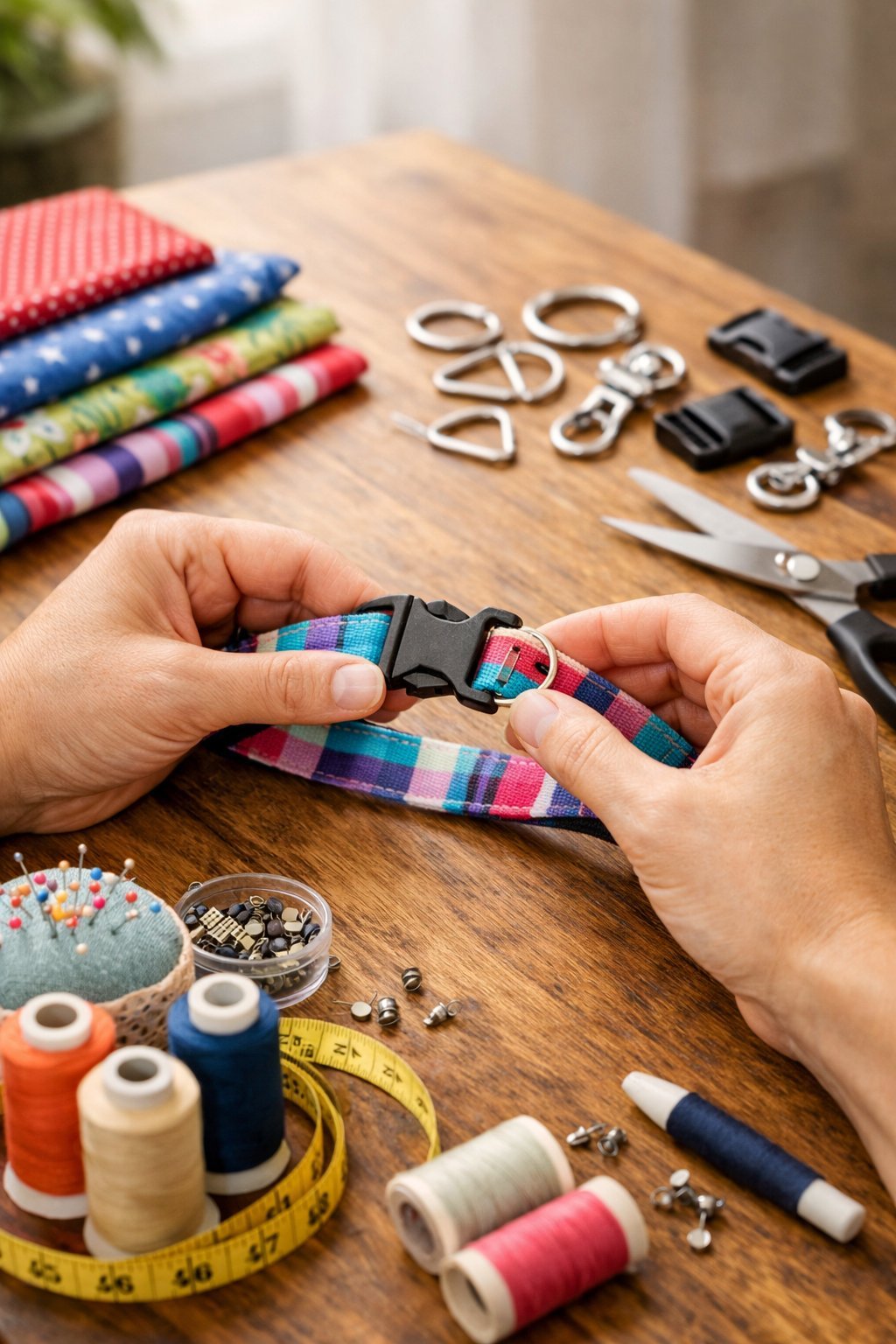Hands assembling a dog collar on a table with crafting materials like fabric, buckles, scissors, and thread.