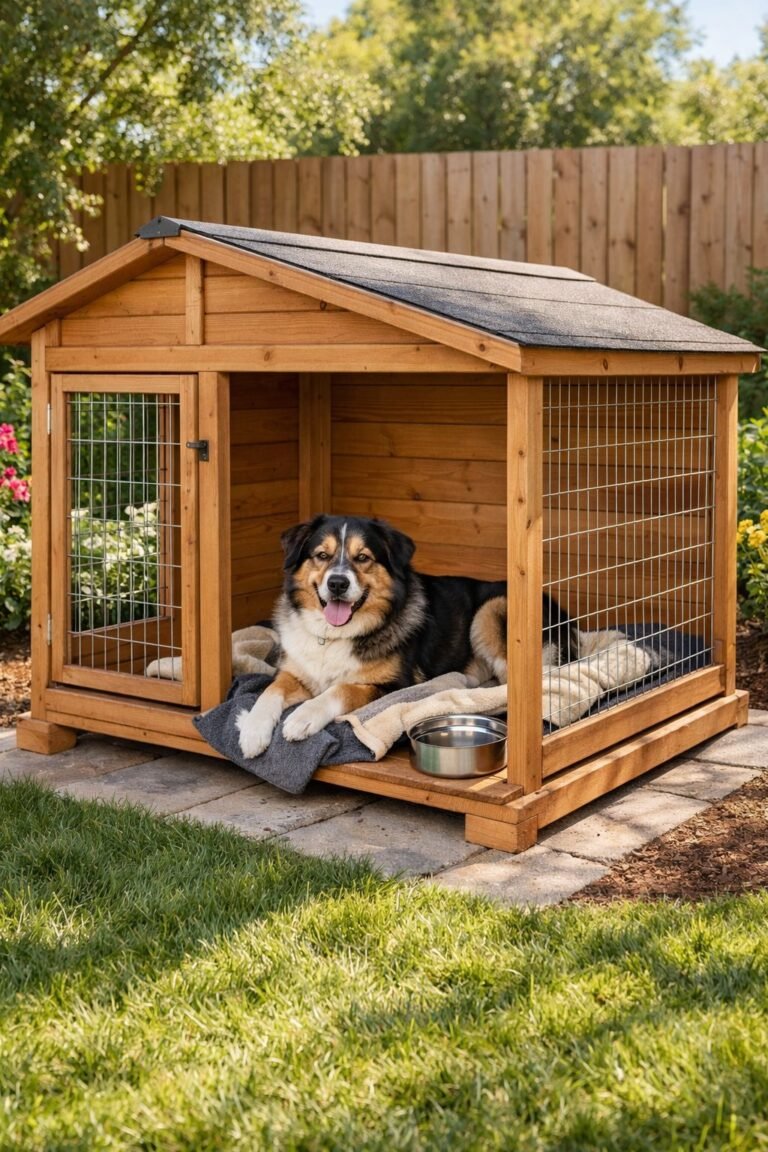 An outdoor wooden dog kennel in a backyard with a dog resting inside surrounded by grass and plants.