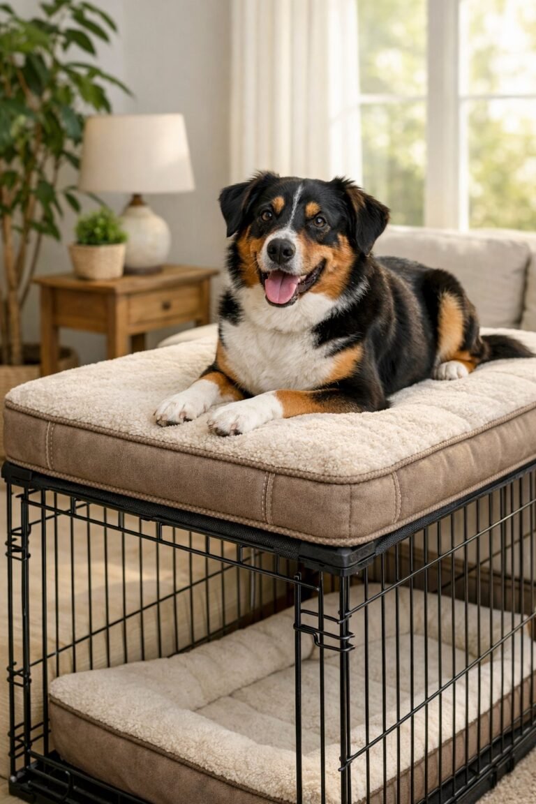 A dog resting comfortably on a plush crate topper placed on top of a metal dog crate in a bright living room.