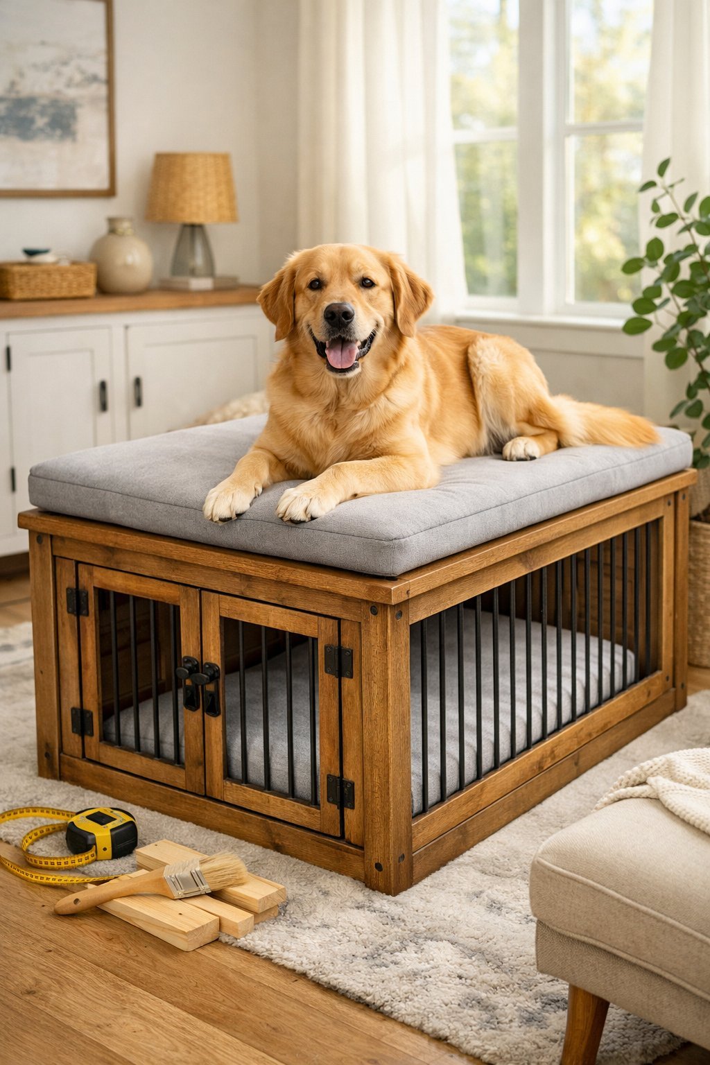 A dog resting comfortably on a cushioned topper placed on a wooden dog crate in a bright living room with natural light and home decor.