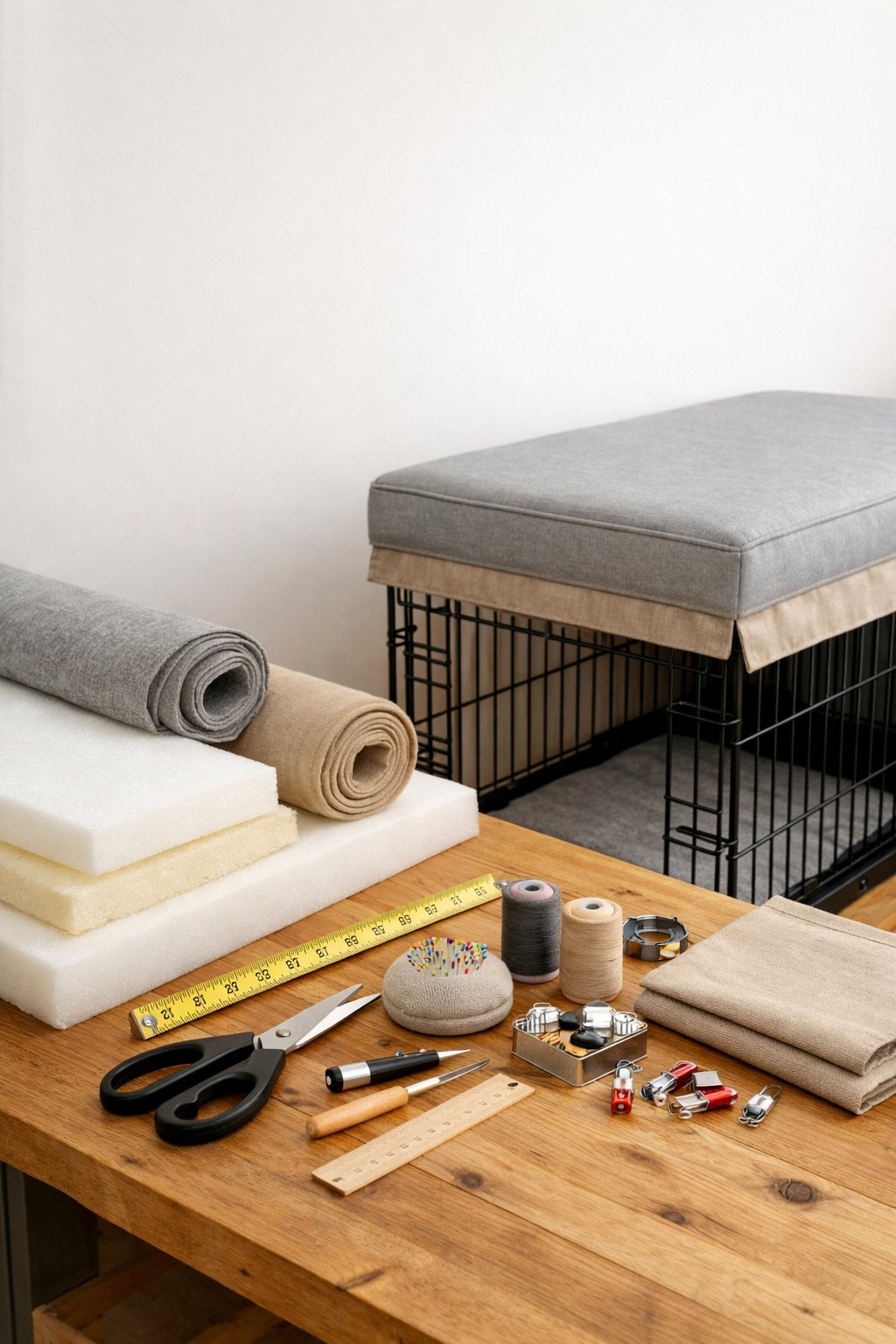A workspace with materials and tools arranged for making a dog crate topper next to a dog crate.