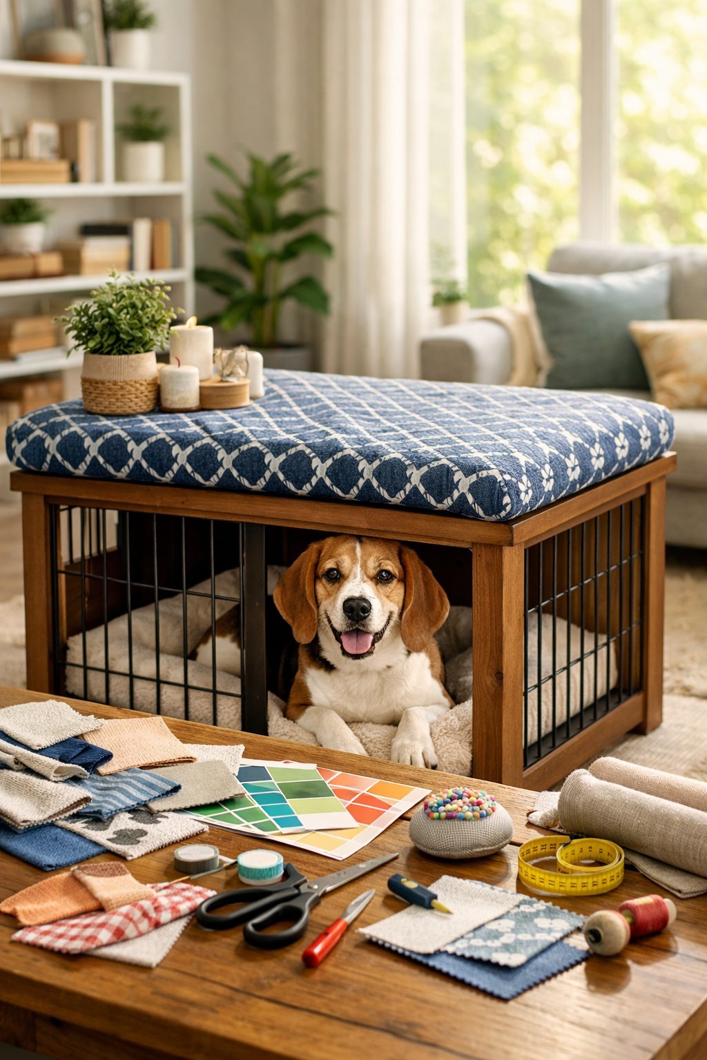 A dog resting inside a wooden crate topped with a cushioned fabric cover in a bright living room with crafting materials nearby.