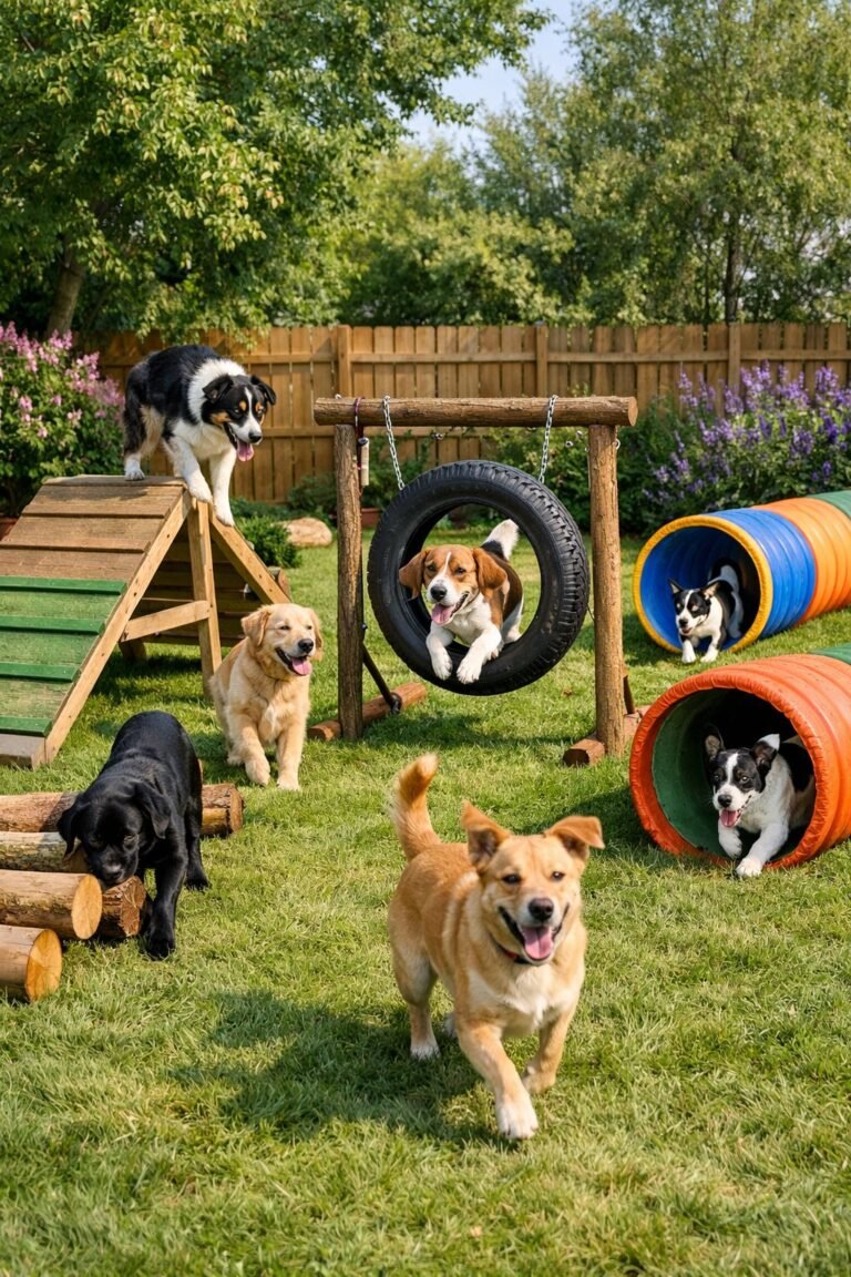 A backyard dog playground with various DIY play equipment and several dogs playing on the grass.