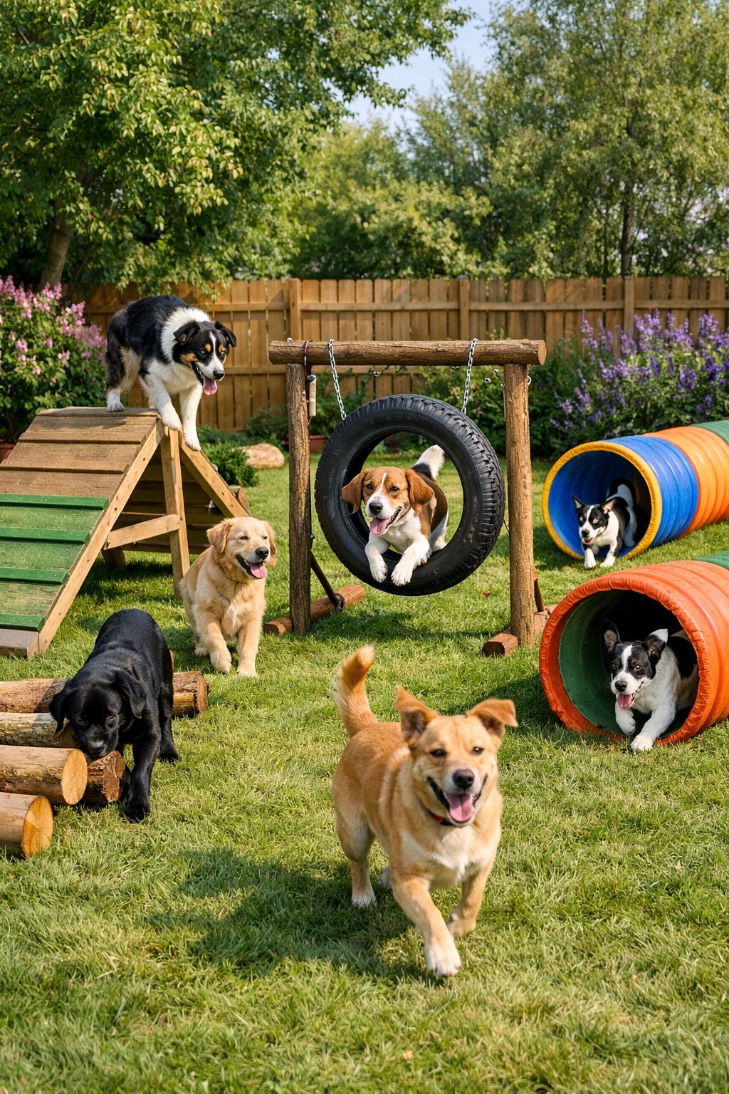 A backyard dog playground with various DIY play equipment and several dogs playing on the grass.