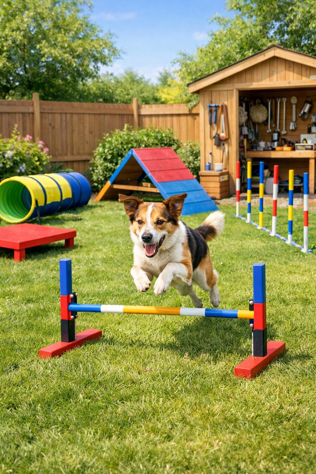 A backyard with a DIY dog playground featuring agility equipment and a dog playing on the grass.