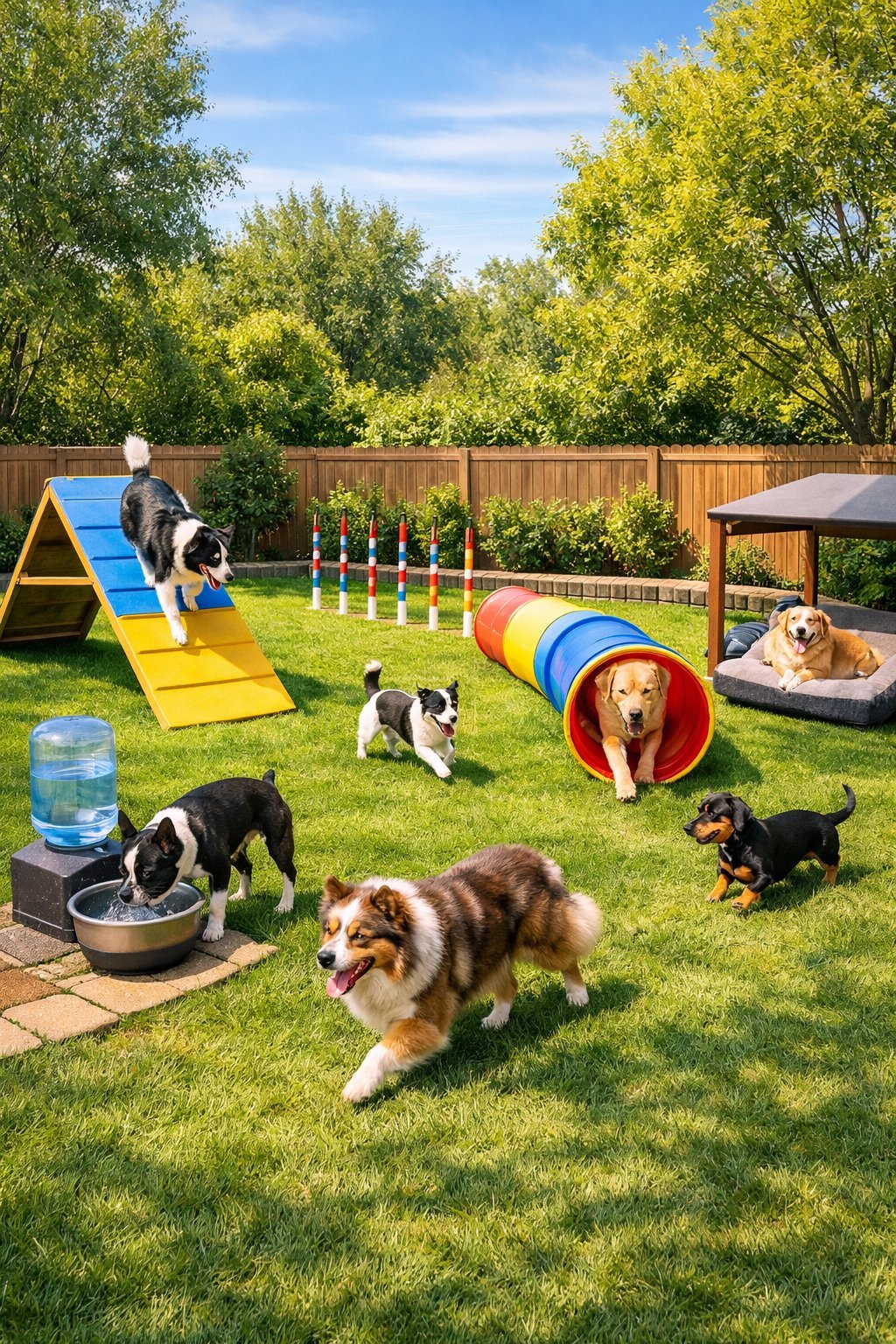 A backyard dog playground with agility equipment, a water station, shaded resting area, and several dogs playing on the grass.