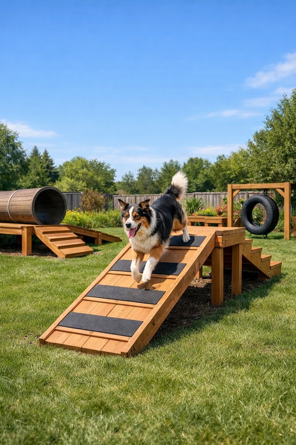 A backyard with wooden dog play structures and a dog playing on them surrounded by grass and plants.