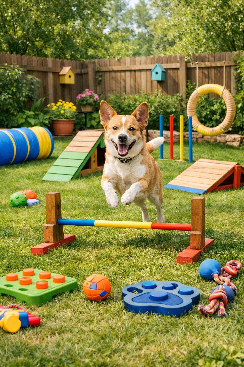 A dog playing in a backyard playground with agility equipment and toys surrounded by plants and a wooden fence.