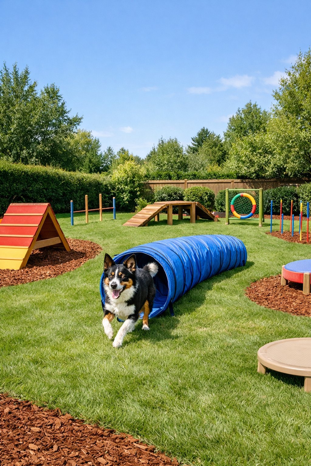 A dog playing in a clean and well-maintained backyard playground with agility equipment and green grass.