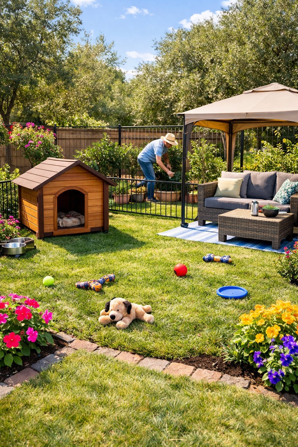 A backyard with a fenced grassy area containing a wooden dog house, dog toys, and garden plants, with a person gardening nearby.