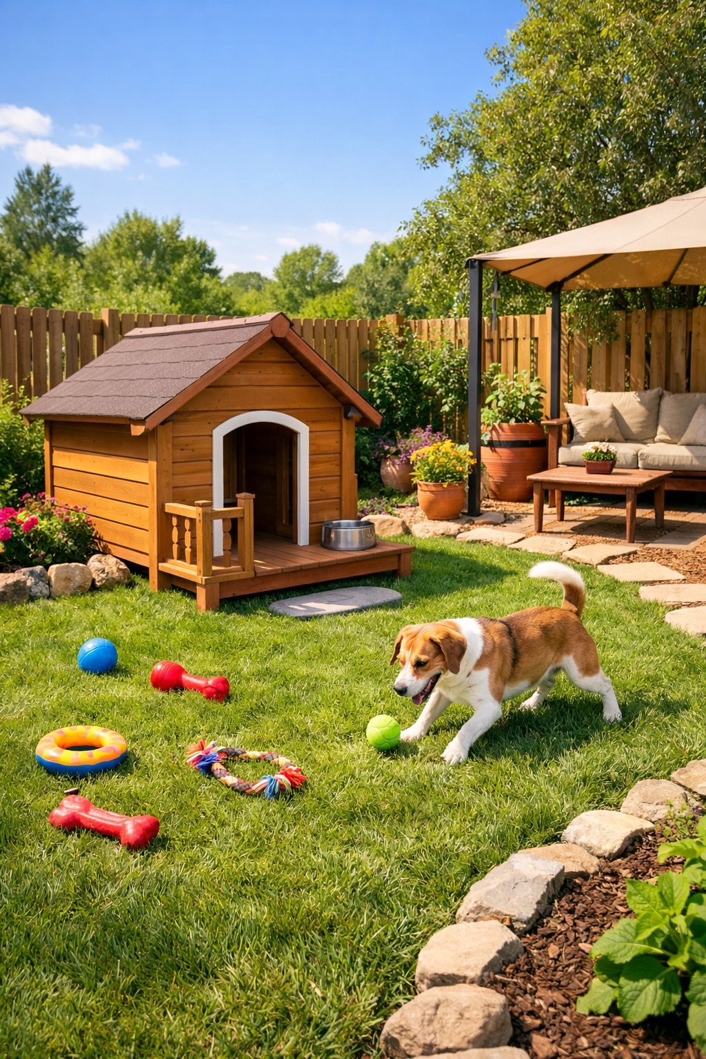 Outdoor fenced yard with a wooden dog house, dog toys, and a dog playing on the grass surrounded by trees and plants.