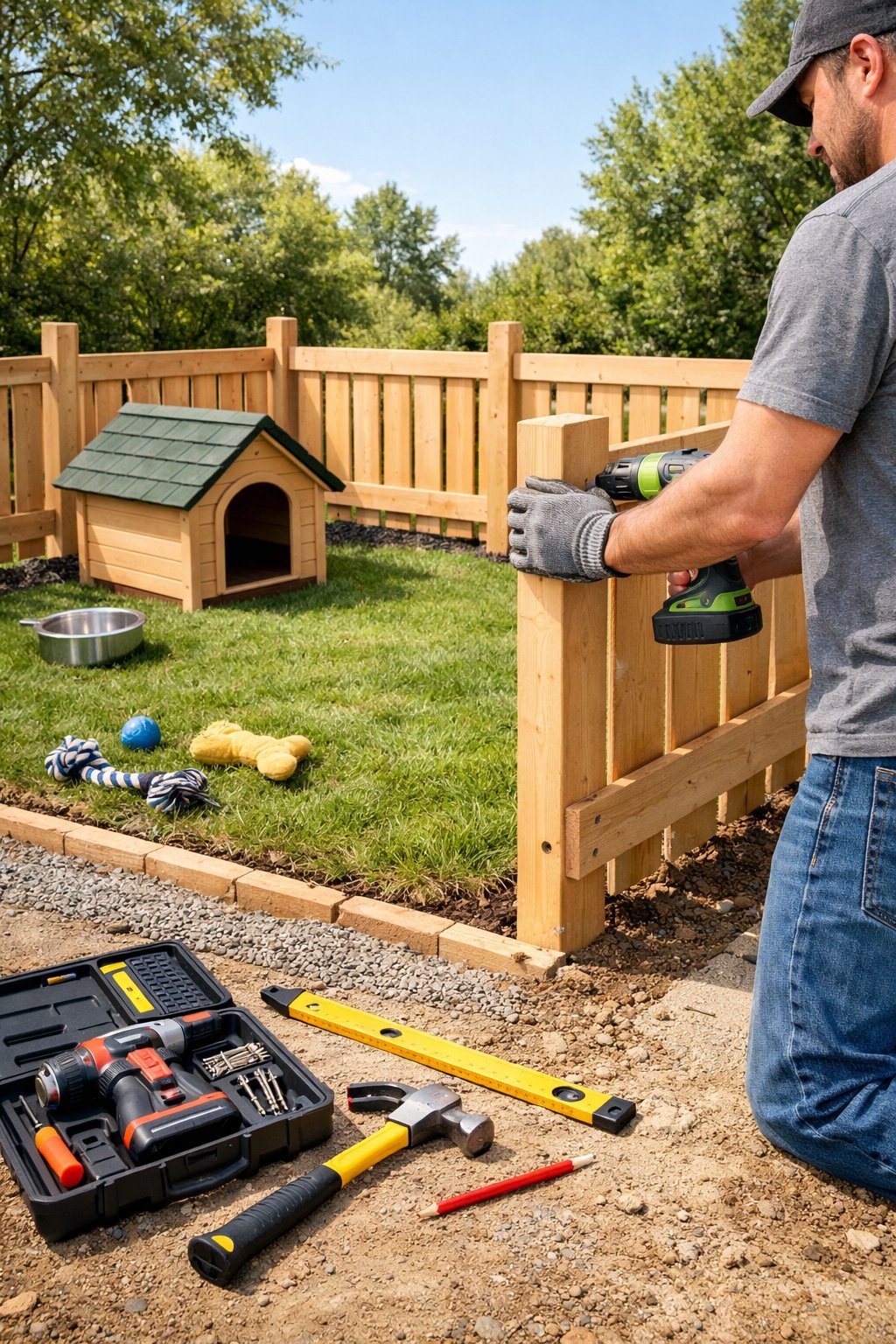A person building a fenced outdoor dog area in a backyard with tools and dog accessories nearby.