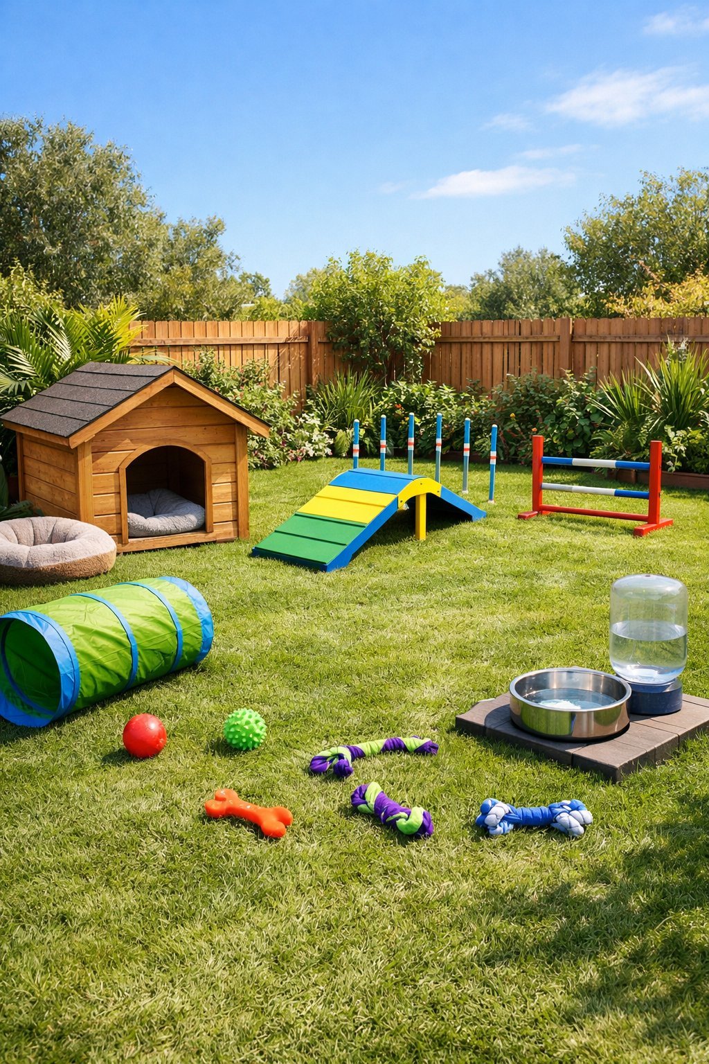 A backyard outdoor dog area with a wooden doghouse, agility equipment, toys, water bowl, and green grass surrounded by plants and a wooden fence.