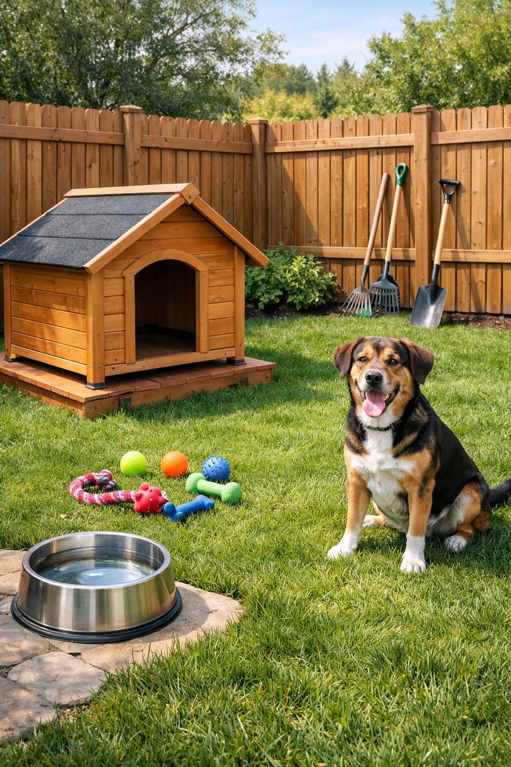 A fenced backyard outdoor dog area with a wooden dog house, dog toys on grass, and a water bowl, showing a safe and clean space for a dog.