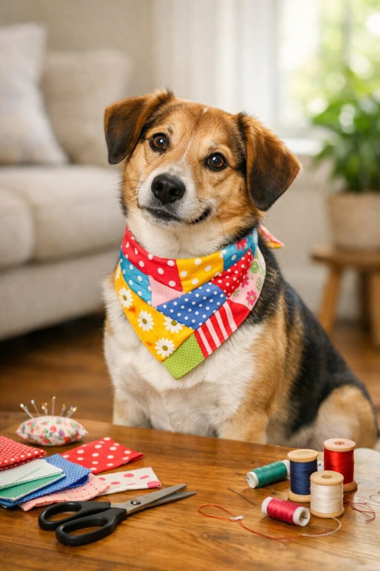 A medium-sized dog wearing a colorful handmade bandana sitting on a wooden floor with sewing materials nearby in a bright living room.