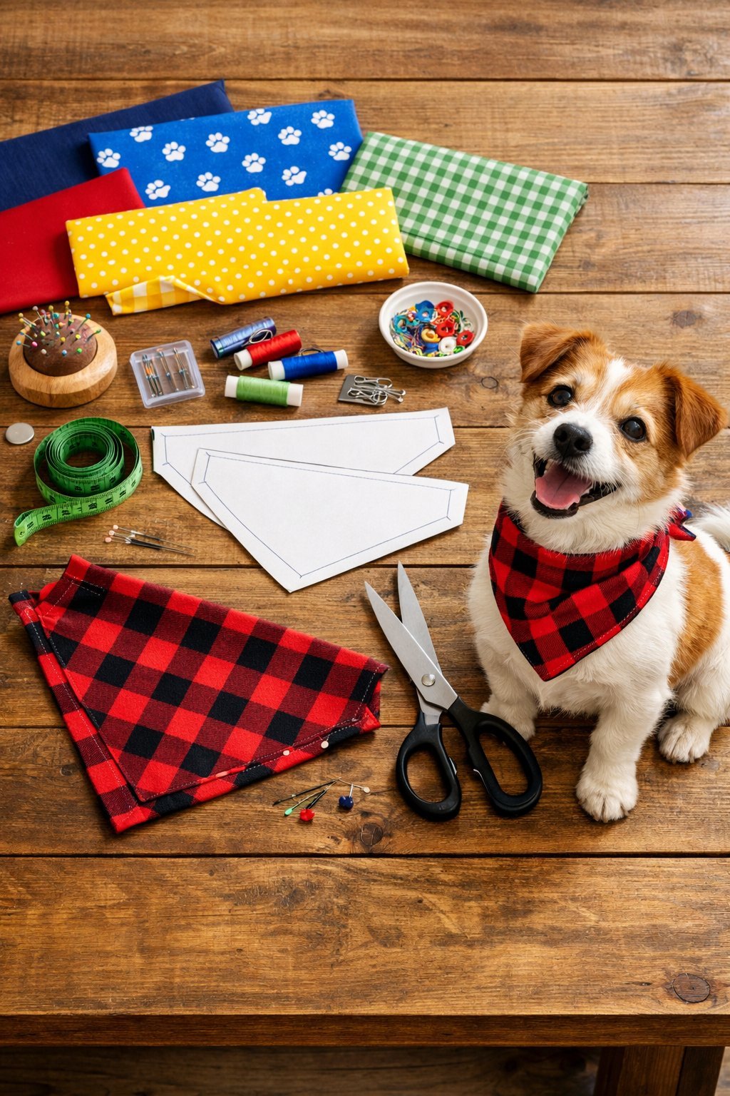 DIY Dog Bandana: Easy No-Sew Tutorial for Your Furry Friend A flat lay of fabric, scissors, thread, and sewing tools for making dog bandanas, with a dog wearing a bandana sitting nearby.